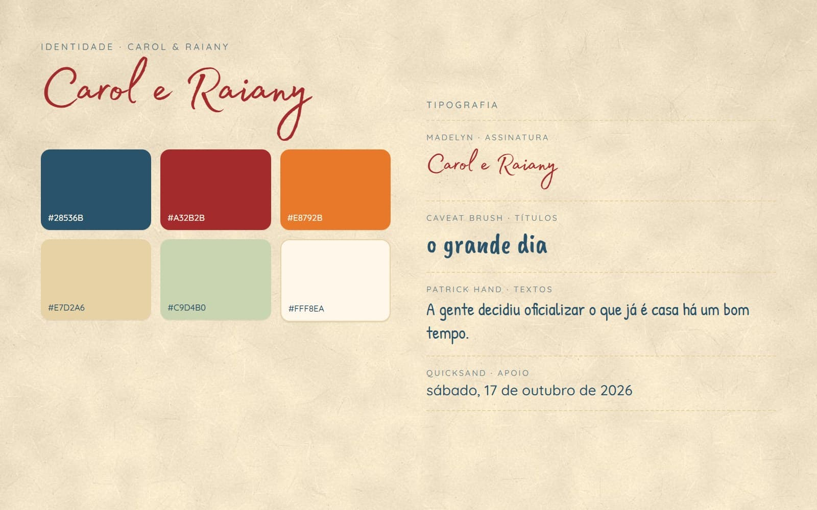 Convite de Casamento + Brand — Paleta e tipografia com cara de carta escrita à mão